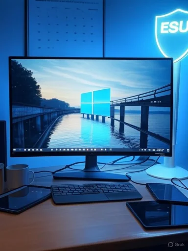 Blue-lit desk setup with a widescreen Windows monitor, keyboard, tablet, and phone.