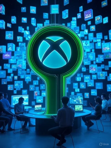 Futuristic Xbox exhibit: a glowing neon Xbox logo above a circular table, surrounded by people with laptops.