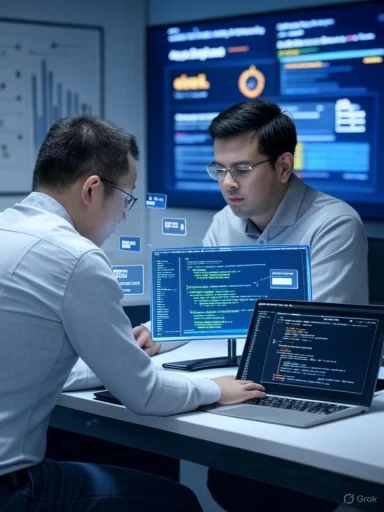 Two developers collaborate over code on laptops, with a large data dashboard on a screen in the background.