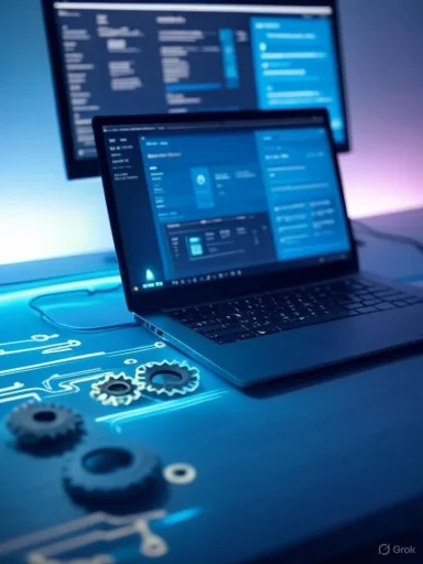A blue-lit laptop and monitor display software UI, with gears and circuit graphics on the desk.