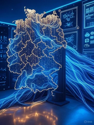 A neon-lit map of Germany outlined in gold, with blue data cables streaming through a server room.
