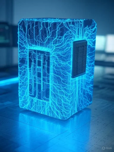 A glowing blue cube etched with intricate vein-like circuitry in a lab.