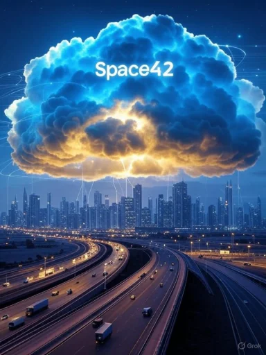 A futuristic city skyline under a giant glowing cloud labeled Space42 above busy highways.