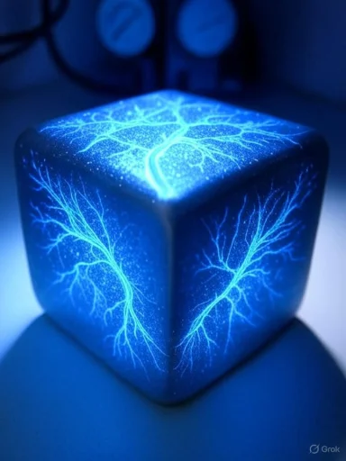 A glowing blue cube with branching vein patterns under UV light.