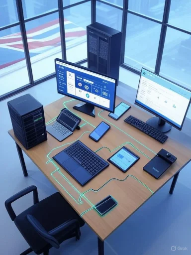 A tech workstation where multiple devices (laptop, monitors, tablet, and phone) are connected by glowing lines.