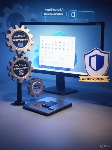 A computer monitor with interlocking gears and a shield badge, symbolizing cybersecurity and software protection.
