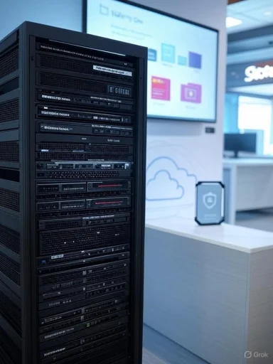 Tall server rack in a tech office, with a presentation screen visible in the background.
