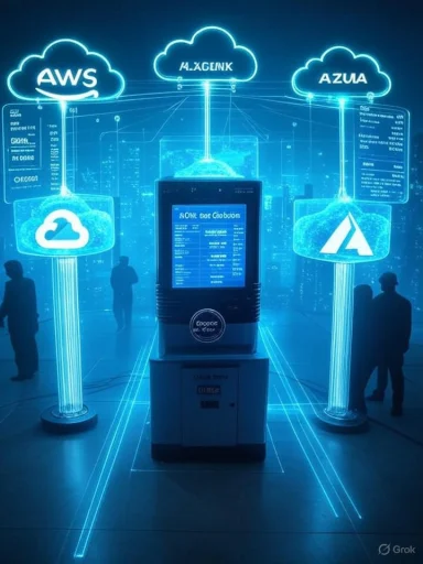 A futuristic neon blue cloud-computing display showing AWS and Azure icons connected to a central server.