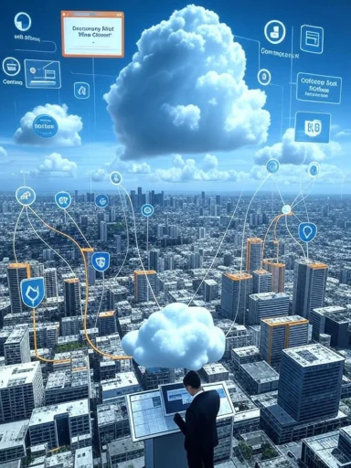 A businessman uses a touchscreen podium while a cloud-based data network hovers over a city skyline.