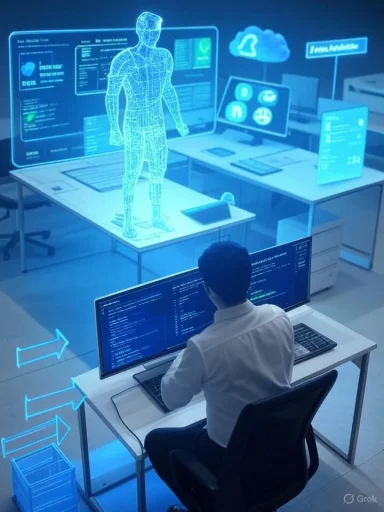 A programmer codes at a desk as a blue holographic human figure and futuristic UI float in a high-tech lab.