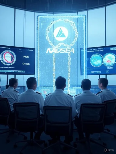 Naval officers in a blue-lit control room monitor NAVSEA data on holographic displays.