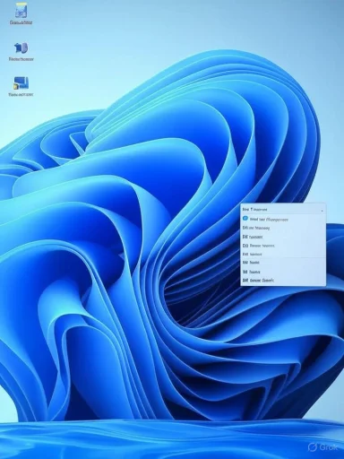 Windows desktop featuring a blue abstract wallpaper, a few icons on the left, and an open context menu.