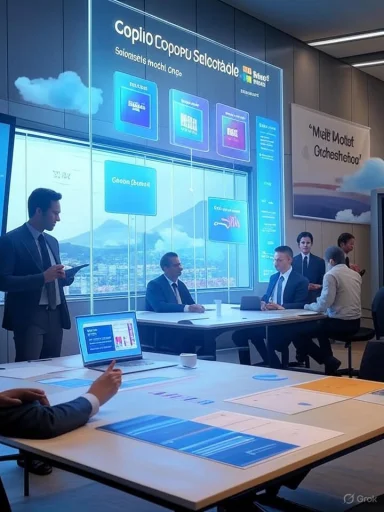 Business professionals at a high-tech expo booth, presenting with glowing blue displays.