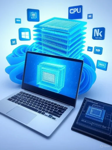 Glowing blue data stack and cloud icons hover above a laptop, symbolizing cloud computing.