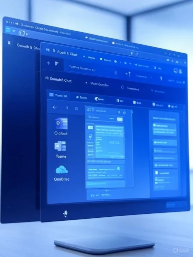 Blue-tinted monitor on a stand displaying a multi-window software interface.