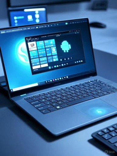 A sleek laptop on a blue-toned desk displays a Windows-like desktop with an Android logo on screen.
