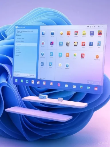 A computer monitor displays a Windows-style desktop amid a blue, spiral abstract background.