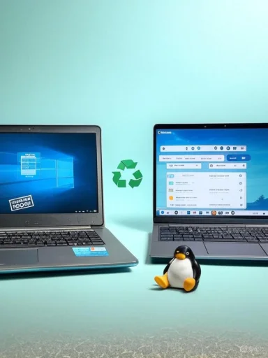 Two laptops sit on a turquoise backdrop with a recycling symbol between them and a penguin figurine in front.