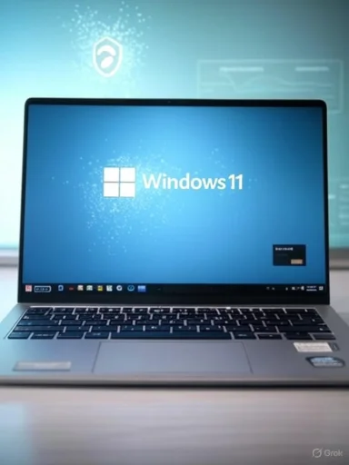 A laptop displays the Windows 11 desktop on a blue wallpaper.