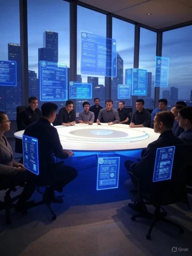 A futuristic meeting room with a round table and floating blue holographic screens.