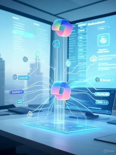 A futuristic holographic data network with vibrant interconnected nodes hovering over a glass platform.