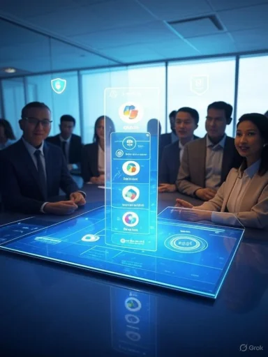 A business team watches a glowing holographic touchscreen display in a futuristic conference room.
