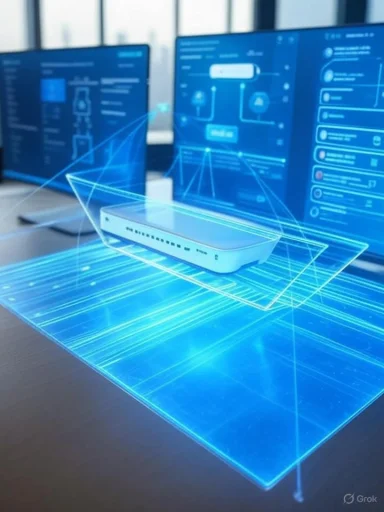 A wireless router hovers above a blue holographic interface in a high-tech lab.