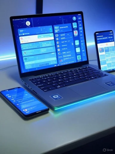 A futuristic blue-lit workstation with a laptop and smartphones showing dashboard interfaces.