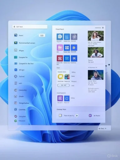 A translucent Windows-like UI mockup floating over a blue abstract background.