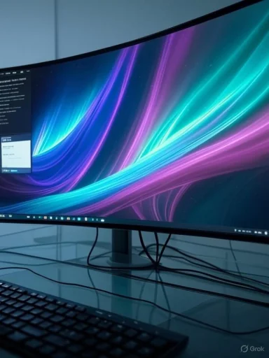 A curved ultrawide monitor displays a vibrant neon wave wallpaper on a tidy desk.