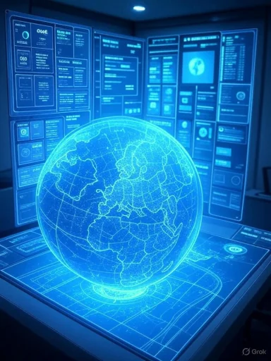 A glowing blue holographic globe sits on a high-tech desk with futuristic monitors.