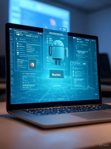 Laptop screen shows a blue holographic UI around a centered Android robot.