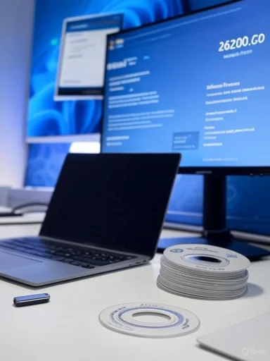 A modern desk setup with a laptop, a large monitor, and a stack of CDs beside a USB drive.