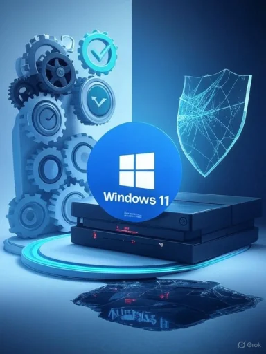 Windows 11 logo atop a device stack, surrounded by gears and a cracked shield signaling security.