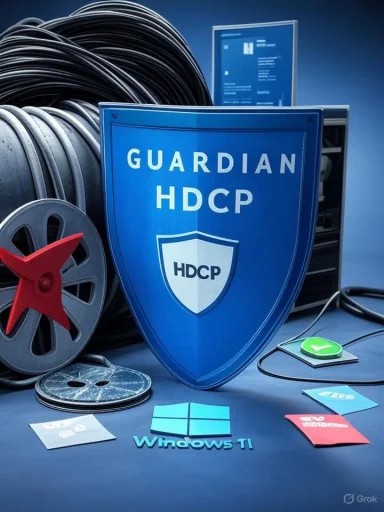 A blue Guardian HDCP shield guards tech gear, including Windows 11 logo and cables.
