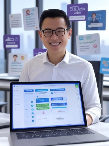 Smiling man in glasses and a white shirt sits with a laptop, colorful posters in the background.