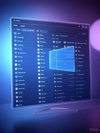 Sleek curved monitor glows blue, displaying a Windows-like desktop interface.