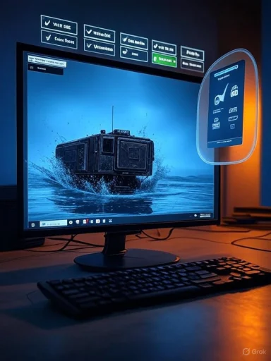A computer monitor shows a rugged vehicle splashing through water in a 3D design, with a floating holographic UI panel.