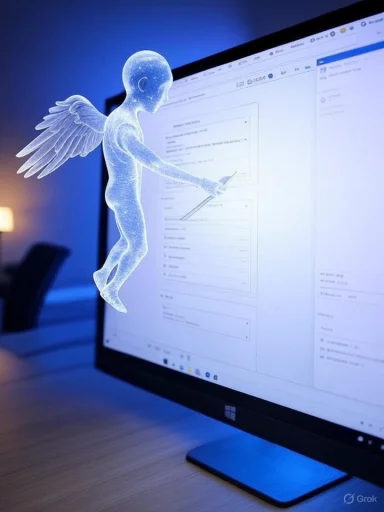A translucent winged figure hovers beside a computer monitor, pointing to a document on screen.