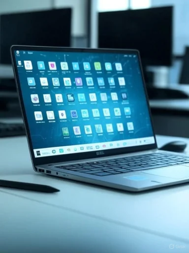 A Dell laptop on a desk displays many app icons, with a stylus nearby and blurred monitors in the background.