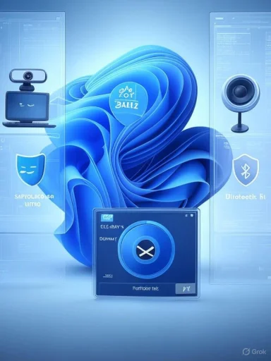 A futuristic blue digital interface with holographic panels, a central dial, webcam, and security icons. A futuristic blue digital interface with holographic panels, a central dial, webcam, and security icons.