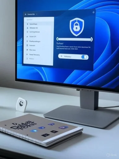A sleek desk setup with a monitor showing a security shield UI, a notebook, and a small smiley stand. A sleek desk setup with a monitor showing a security shield UI, a notebook, and a small smiley stand.