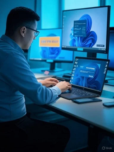 A person sits at a desk, coding on a laptop with two monitors displaying blue Windows desktops.