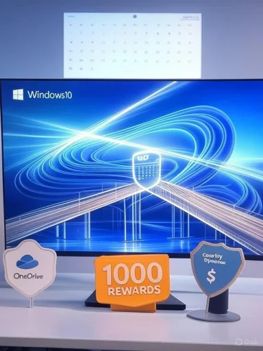Windows 10 promo screen with three prize signs: OneDrive, 1000 Rewards, and a blue shield trophy.