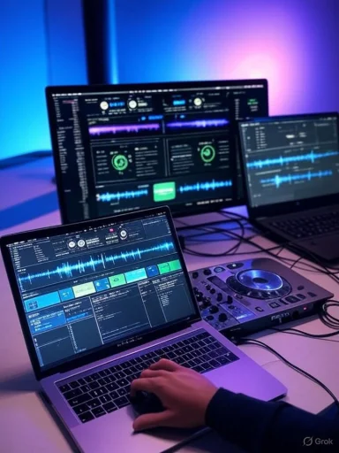 DJ/producer setup with laptop, mixer, and multiple screens under neon blue-purple lighting.