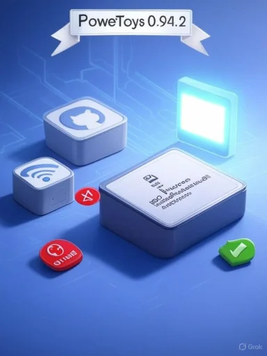 A 3D render of PoweToys 0.94.2 UI components and icons.