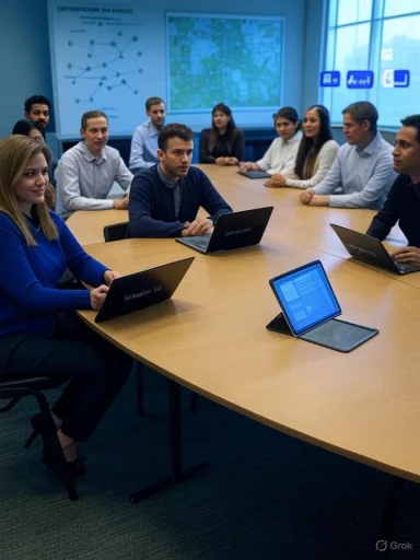 A diverse group of professionals sits around a conference table with laptops in a meeting.