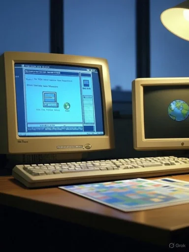 Two vintage beige CRT computers on a wooden desk, one showing a blue screen and the other a globe.