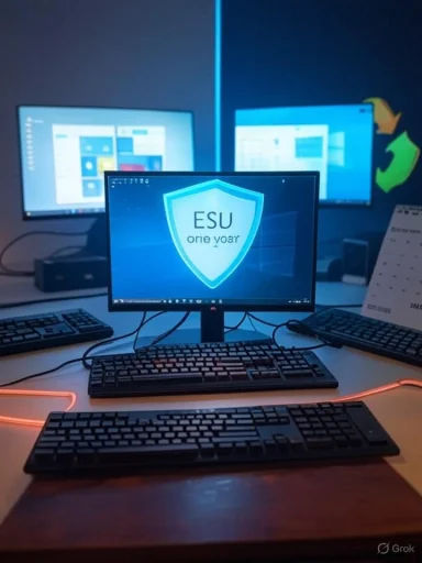 Three-monitor computer setup on a desk, center screen shows a blue shield logo.