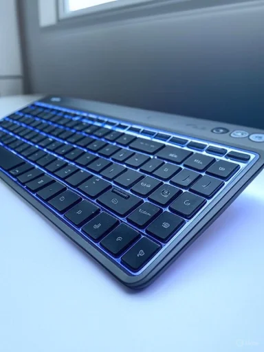 Blue-backlit wireless keyboard on a white desk by a window.